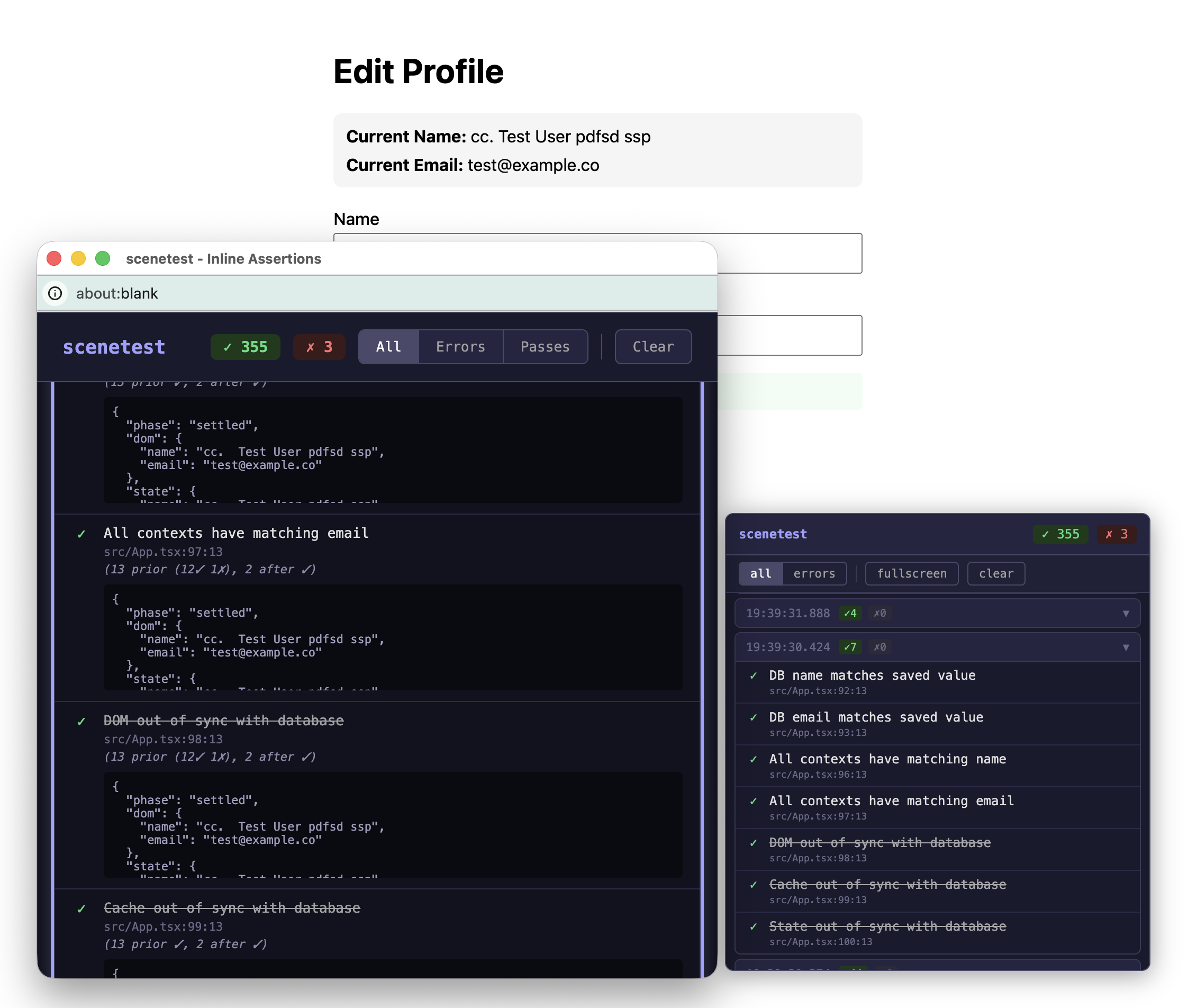 Scenetest dev panel showing inline assertions from React components